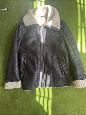 Faux Shearling Lined Leather-Style Jacket - Black with Cream Trim